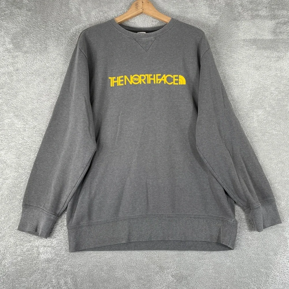 The North Face Sweatshirt Mens Large Gray Yellow Heritage Logo Pullover Fleece